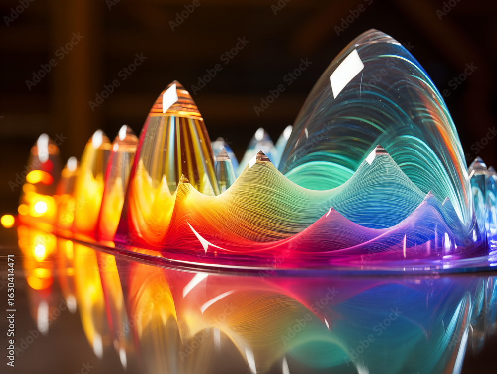 Poster dynamic spectrum visualization with vibrant rainbow hues and crystal peaks, perfect for data science