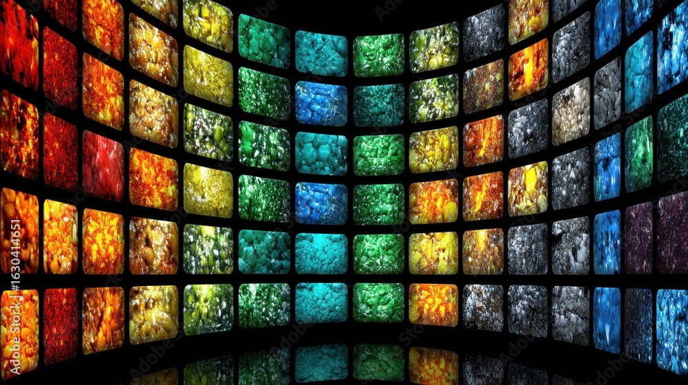 Poster colorful mosaic wall with illuminated square tiles creating a vibrant display