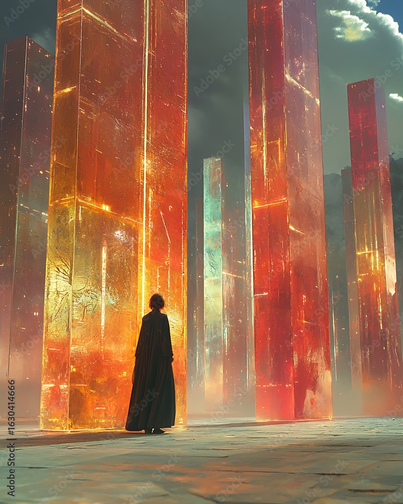 Poster a person standing in front of abstract futuristic architecture in a city