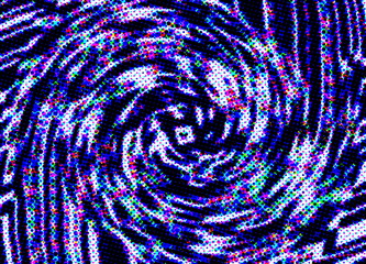 This image is a vibrant and abstract pattern, primarily featuring a swirling vortex or spiral effect. The overall texture is reminiscent of a halftone or pixelated pattern, composed of numerous small 
