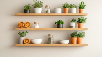 Herb Pots and Orange Slices on Wooden Shelves, kitchen , decor