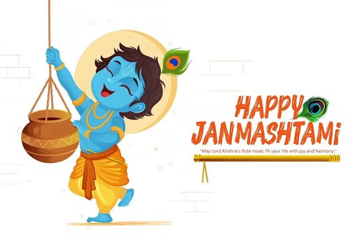 Janmashtami Celebration with Illustration of lord Krishna and baby Krishna and peacock feather Traditional Elements