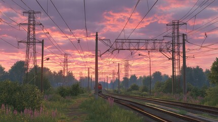 Sunrise over a rural railway line with power lines.