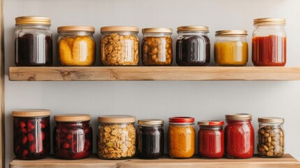 Jars of Homemade Preserves on Wooden Shelves, Pantry, Food Storage