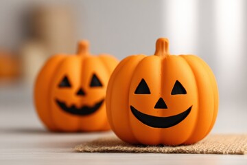 Two cheerful orange pumpkins with carved faces, set on a rustic surface, embodying the playful spirit of Halloween decorations.