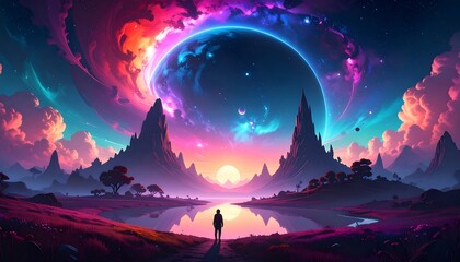 Fototapeta premium A lone figure gazes upon a vibrant, alien landscape at sunset, with a massive, colorful planet dominating the sky