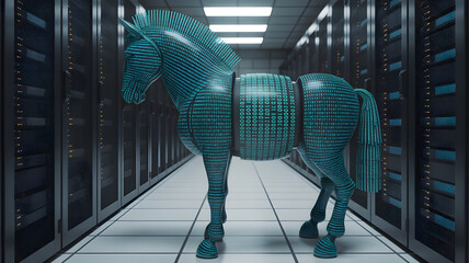 Cybernetic Trojan Horse: A futuristic digital equine crafted from code, positioned ominously within a server room, representing the potential for data compromise.