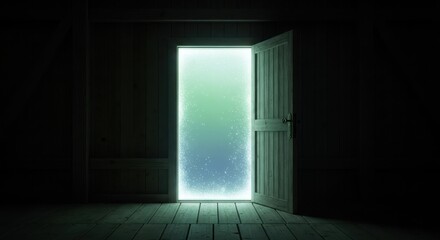A wooden door opening to a luminous portal