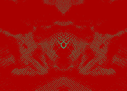 The image features a predominantly red background with an intricate, somewhat symmetrical abstract pattern overlaid in a contrasting teal or light green color. The pattern appears to be composed of nu