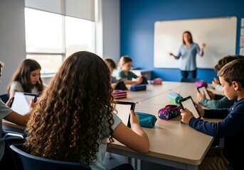 Children in a classroom engaged with digital tablets while a teacher stands near a whiteboard