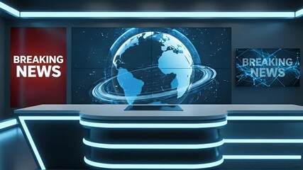 Immersive 3D virtual news studio background with a futuristic global earth broadcast prominent breaking news display and modern high-tech digital elements for t - Powered by Adobe