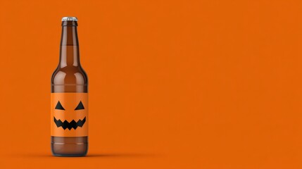 A Halloween-themed bottle with a pumpkin face design, set against a vibrant orange background.