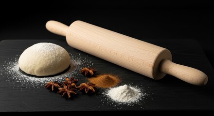 Dough, rolling pin, and spices on a dark surface