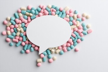 Colorful candy-shaped pills surround a blank speech bubble, creating a playful and engaging visual composition.