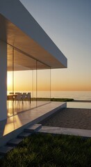 Modern house with glass walls overlooking a sunset ocean