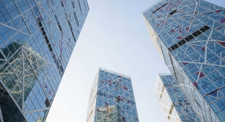 Modern skyscrapers reaching towards a clear sky