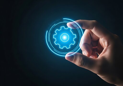 Person's hand interacting with a glowing blue digital gear interface against a dark background