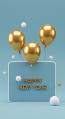 Three golden balloons float above a light blue square with the text "Happy New Year