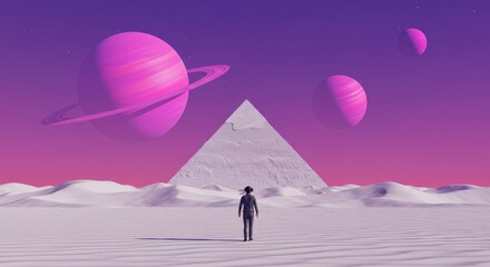 A lone figure stands before a pyramid in a surreal landscape, under vibrant planets