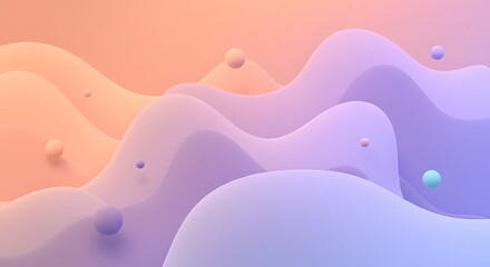 Abstract 3D landscape of serene, flowing pastel waves. Smooth, layered purple and orange dunes with floating spheres. Digital art background.