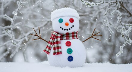 Fototapeta premium A cheerful snowman with colorful buttons and a plaid scarf in a snowy winter wonderland scene outdoors