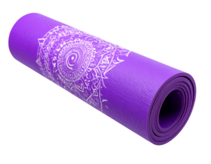 Rolled purple yoga mat with white mandala design, fitness and exercise equipment for meditation and relaxation, wellness lifestyle on transparent background