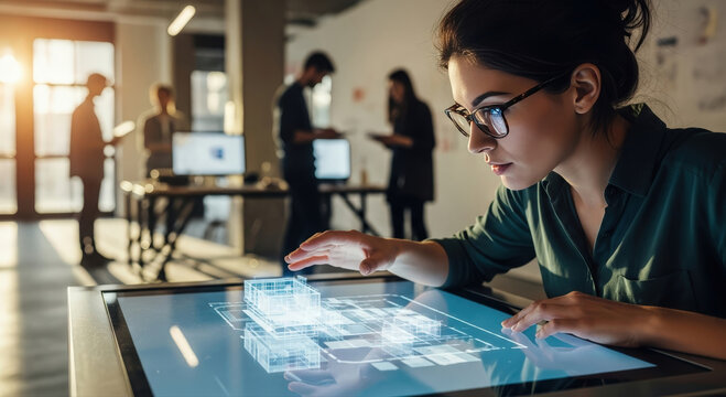 A young woman engrossed in futuristic technology at a workplace, while several colleagues can be seen in the background
