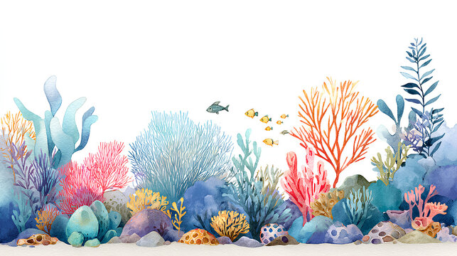 Watercolor seabed landscape with cartoon sea characters, submarine, seaweeds, plants, coral reef, sea sponges and small fishes. Panoramic hand drawn marine border for your design cover or cute mural. 