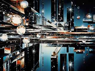 Abstract geometric patterns with shimmering circles and light flares create a futuristic, dynamic visual.