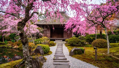 Obraz premium Serene Japanese garden with a traditional thatched-roof house, surrounded by blossoming pink trees and a moss-covered stone path