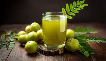 a glass of rejuvenating amla juice infused with newly picked green amla fruits and vibrant leaves beautifully displayed on a distressed wooden table