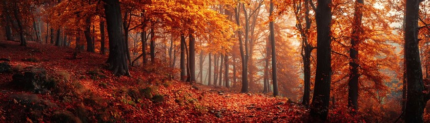 Fototapeta premium Autumnal forest path bathed in warm light.