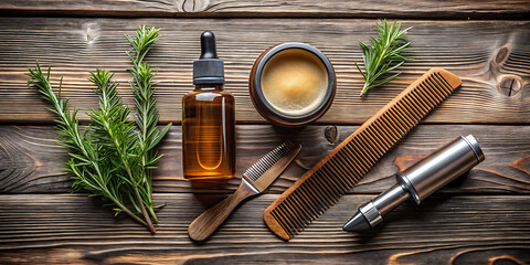 A rustic grooming kit featuring hair and beard care products such as oil, wax, comb, and trimmer, accompanied by fresh rosemary on a wooden table