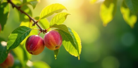 A single peach branch laden with ripening fruit, sunlight dappled leaves , golden hour, green