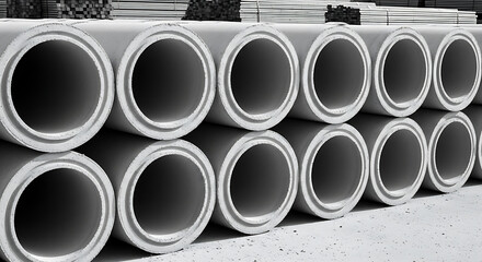 Monochrome image depicting stacked concrete pipes, showcasing industrial construction materials,