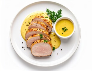 Sliced roasted chicken breast served on a white plate with creamy yellow sauce and garnished with fresh parsley and black pepper for a savory meal presentation