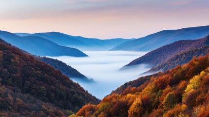 Serene autumn landscape with misty valley, vibrant foliage in mountains, peaceful morning atmosphere