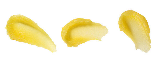 Yellow fruit exfoliating sugar scrub swatch texture isolated on transparent background, ideal for beauty and skincare product displays, emphasizing natural ingredients and exfoliating properties.