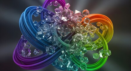 Colorful 3D Abstract Knot with Crystal Explosions on Dark Gradient Background