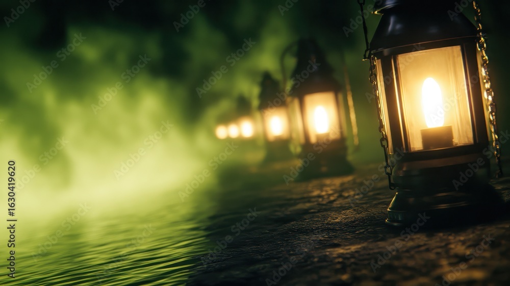 Poster a row of glowing lanterns illuminating a foggy path by the water, creating an enchanting atmosphere