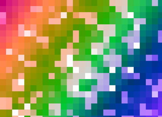 The image is a pixilated abstract background displaying a gradient of colors. On the left side, it features shades of pink and orange, which transition towards the center into various greens and yello