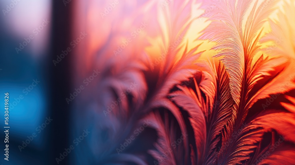 Poster frosted window with intricate patterns reflecting a vibrant sunset, creating a serene atmosphere ind