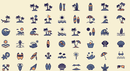 Dreaming of a tropical getaway? Find vibrant summer vacation vibes with these charming beach icons, perfect for modern travel designs and seaside adventures