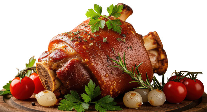 Roasted pork knuckle with tomatoes and herbs isolated on transparent background