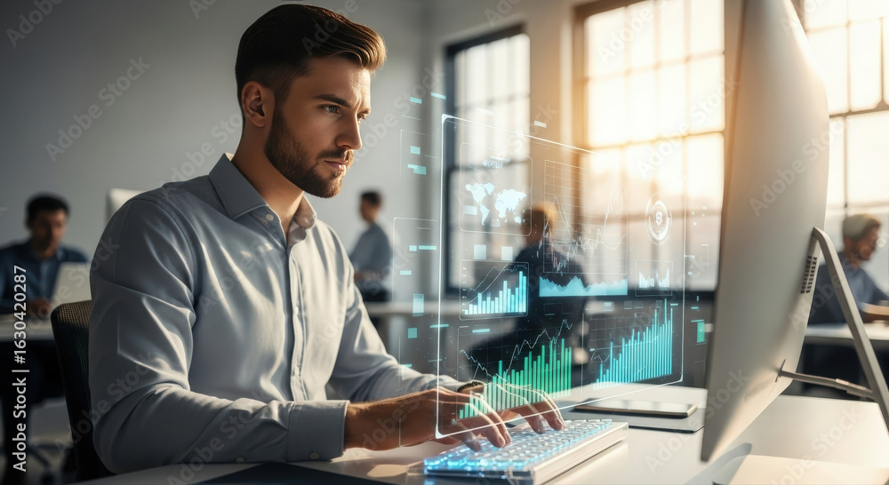 Poster a focused businessman at his computer, possibly analyzing data. the scene captures a professional se