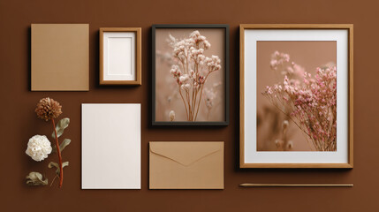  Set of photo frame mockup displayed on a brown background. realistic postcard. Mockup photo frames.