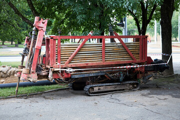 Directional drill machine or Drilling rig stands on paved asphalt. Horizontal directional drilling...