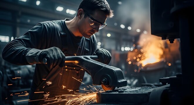 A blacksmith working in a workshop, using a hammer and anvil, with sparks flying from the anvil and fire in the background.