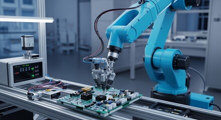 Robotic arm precisely placing components on a circuit board.