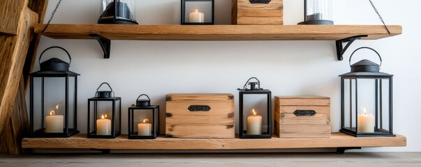 Rustic Shelf Decor Lanterns, Candles, Wooden Boxes Display, home decor, interior design